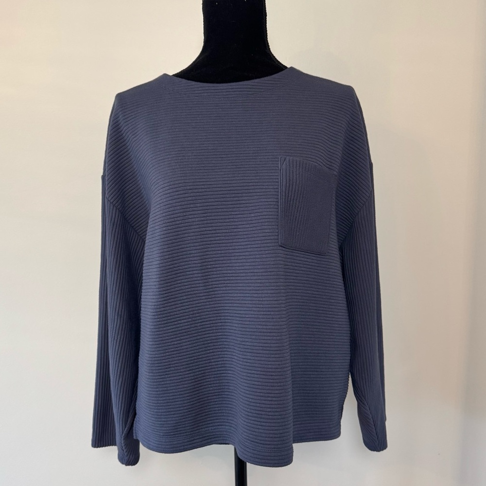 A New Day Shirt Women’s Large Ribbed Oversized Boxy Cropped Pocket Blue/Grey